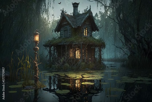 Fototapet Spooky Witch's Cottage in a Swamp Surrounded by Water, Bog Medieval RPG Fantasy