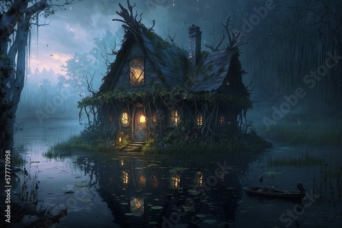 Tablou canvas Shabby Creepy Swamp Witch's Hovel, Derelict Shack in a Bog on a Swampy Island in