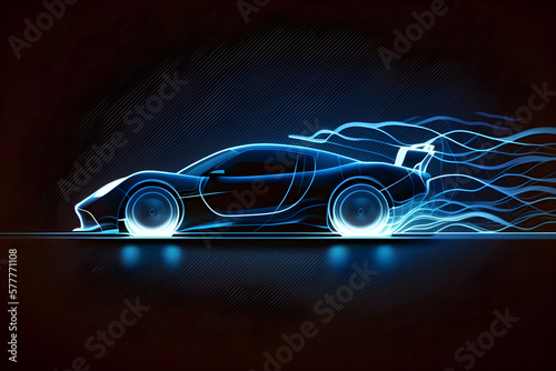 Blue glowing in the dark electric car on high speed