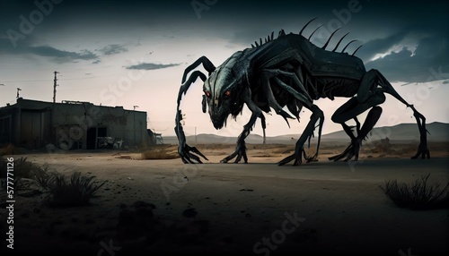 A mutant creature lurking in the shadows of a desolate wasteland. Generative AI