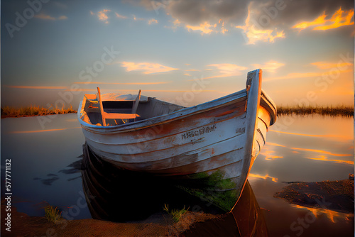 old wooden boat at sunset, resting peacefully on calm waters. The golden hues of the sky reflect off the water, enhancing the boat's textured surface and creating a tranquil, picturesque scene.  