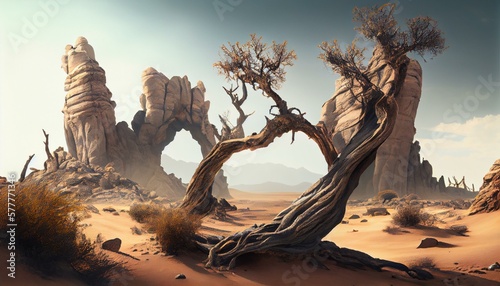 A desolate wasteland dotted with twisted, gnarled trees and craggy rock formations. Generative AI
