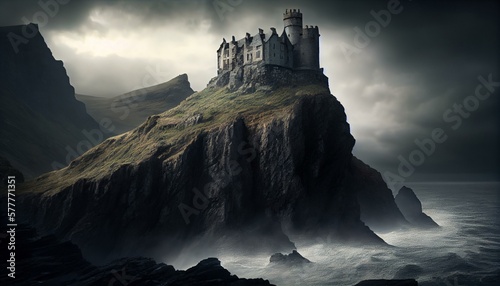 A dark  foreboding castle perched atop a windswept cliff. Generative AI