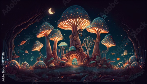 A magical, whimsical forest filled with fantastical creatures and glowing mushrooms. Generative AI photo