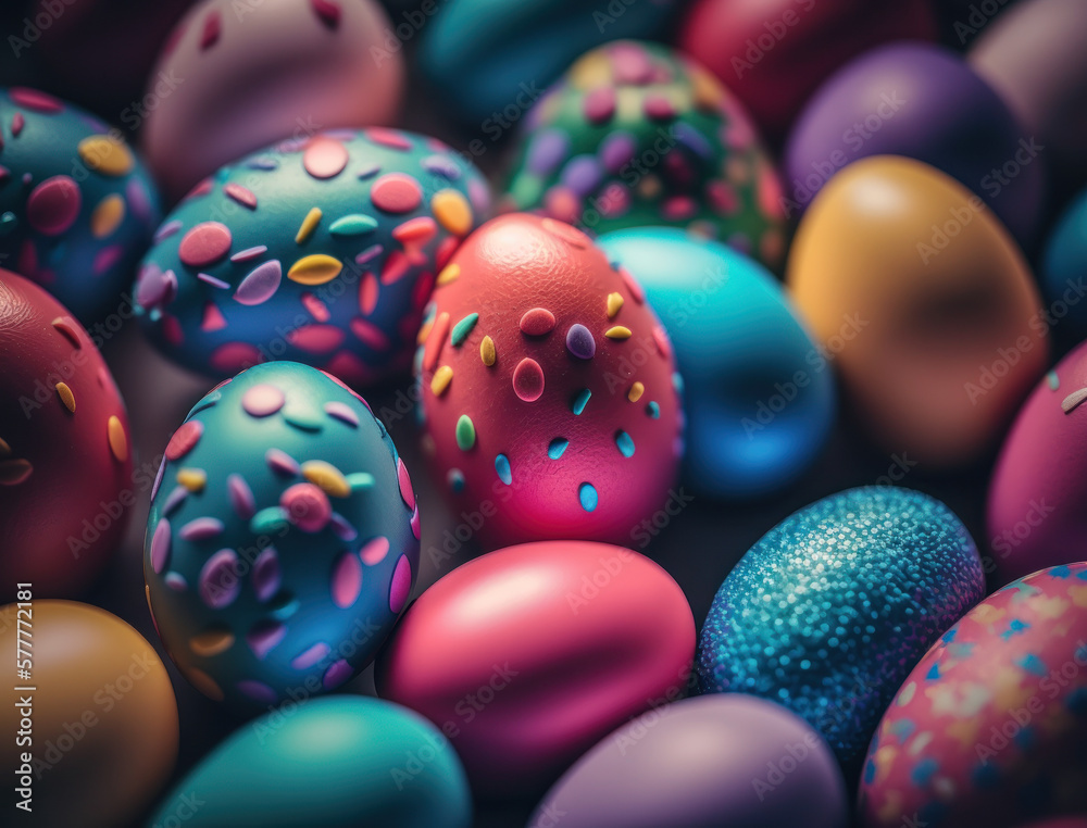 Happy Easter background concept with colorful easter eggs flat lay created with Generative AI technology Happy Easter background concept with colorful easter eggs flat lay created with Generative AI technology