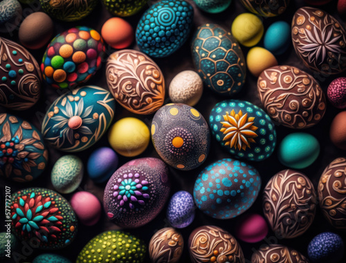 Happy Easter background concept with colorful easter eggs flat lay created with Generative AI technology