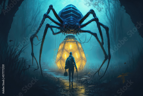 Brave hero lights way with lantern  stands in front of huge spider with sting  glowing yellow mouth with sharp teeth stands its paws in swampy dead landscape.  ai generated 