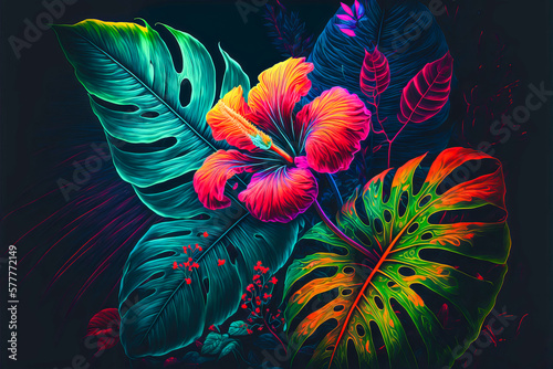 A contrasting texture of fluorescent tropical flowers with the large petals and leaves some on a black background. A surprising and colorful photo. Generative AI photo