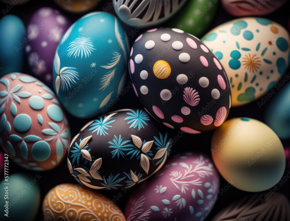 Happy Easter background concept with colorful easter eggs flat lay created with Generative AI technology Happy Easter background concept with colorful easter eggs flat lay created with Generative AI technology
