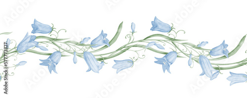 Watercolor seamless Border with Blue Bell Flowers in pastel colors. Hand drawn floral illustration of Bluebells. Botanical Frame with Bellflower on isolated background. Vintage ornament for cards