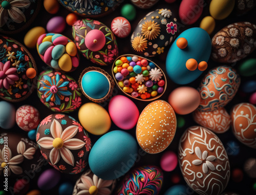 Happy Easter background concept with colorful easter eggs flat lay created with Generative AI technology