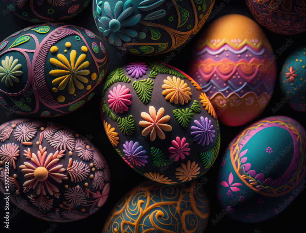 Happy Easter background concept with colorful easter eggs flat lay created with Generative AI technology Happy Easter background concept with colorful easter eggs flat lay created with Generative AI technology