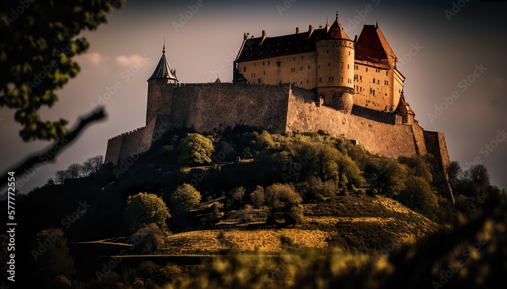 A captivating view of a medieval castle on a hilltop 50mm lens f8 historic telephoto lens  Generative AI