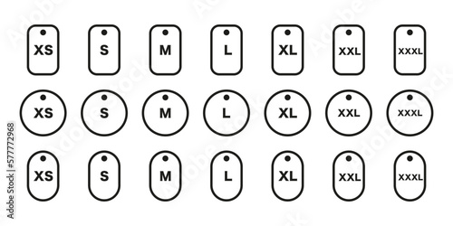 Set of label with size letter. Clothing label vector icon. Xs, s, m, l, xl, xxl, xxxl.