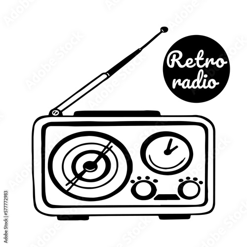 Vintage antique retro radio. An old receiver with an antenna catches radio waves. Vintage style.  to listen to the broadcast, music or  podcast. World radio day.