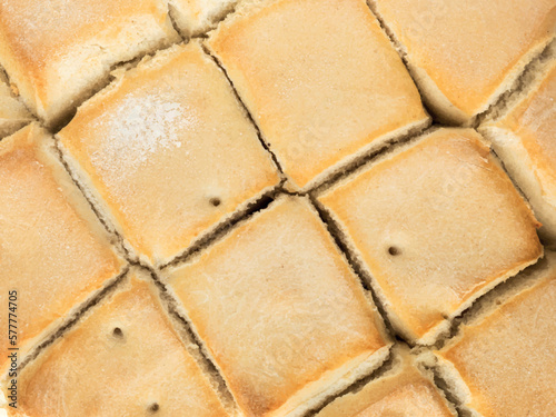 Vector texture of bread crust of square shape isolated. Wallpaper with bread roll. Organic white bread vector top view. Vector background for banner, poster, web
