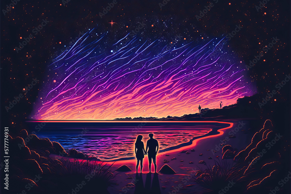 Couple of lovers having fun under a starry sky and romantic sunset ...