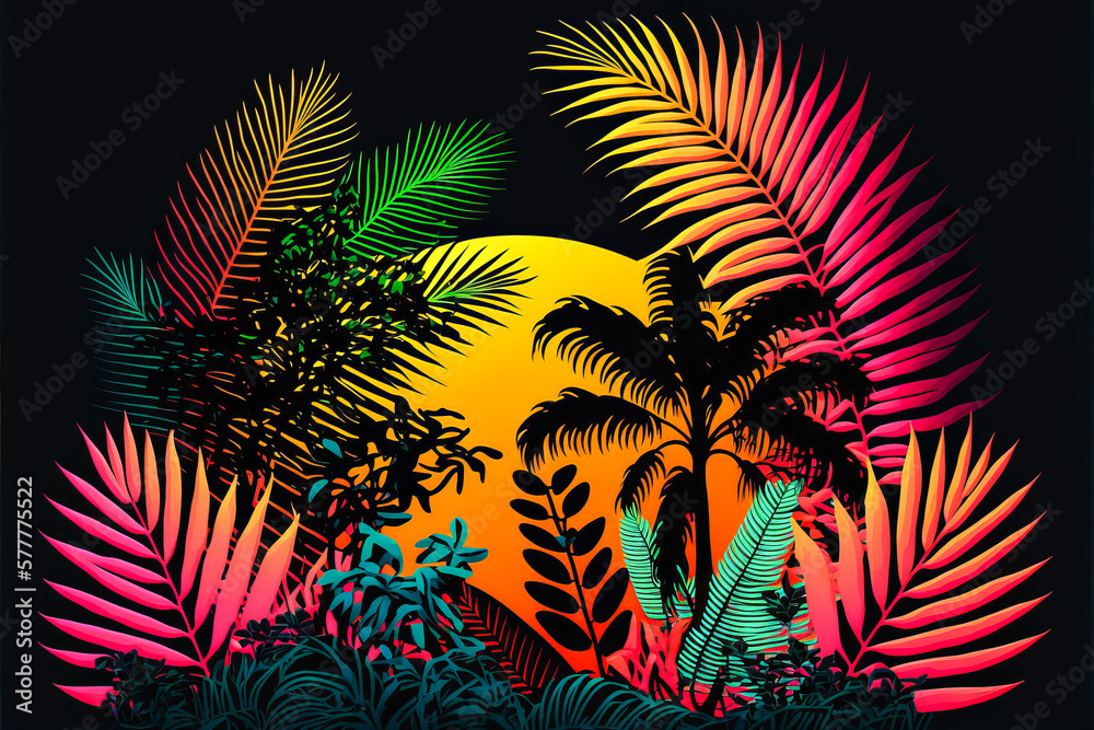 Sunset behind tropical leaves in vibrant fluorescent colors on a black background - both artistic and emotional to stand out. Generative AI