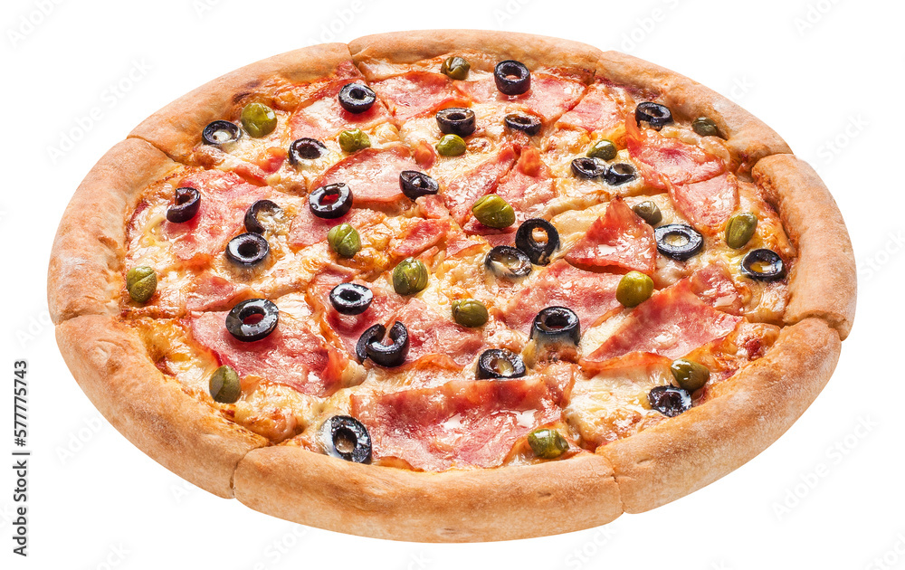 Delicious pizza with mushrooms, ham, black olives and capers, cut out
