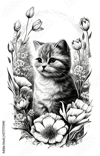 Sweet Cat Portrait with Flowers - 80's sweater kitty Sketch Line Drawing Style Cute, Sweet, Cat, Portrait, Sketch, Line Drawing, Style, Flowers, Adorable, Drawn, Picture (generative AI, AI) photo