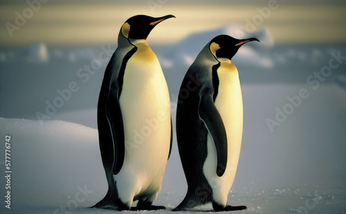 Two Emperor penguins resting in the Antarctic sunset. Shallow focus  illustrative Generative AI.