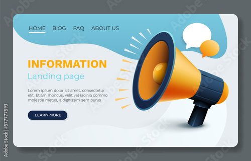 Megaphone landing page banner information, business communication. Vector