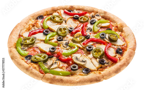 Delicious pizza with chicken fillet, mushrooms, mozzarella, peppers and olives, cut out