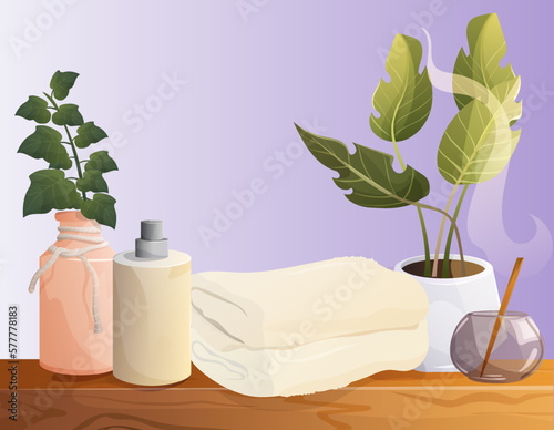 Spa still life with towel and candle. Vector illustration. Body wash concept. Stack of terry towels. Bathroom and toilet interiors in Scandinavian style.
