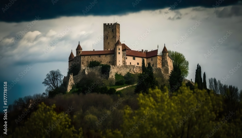 A captivating view of a medieval castle on a hilltop 50mm lens f8 historic telephoto lens  Generative AI