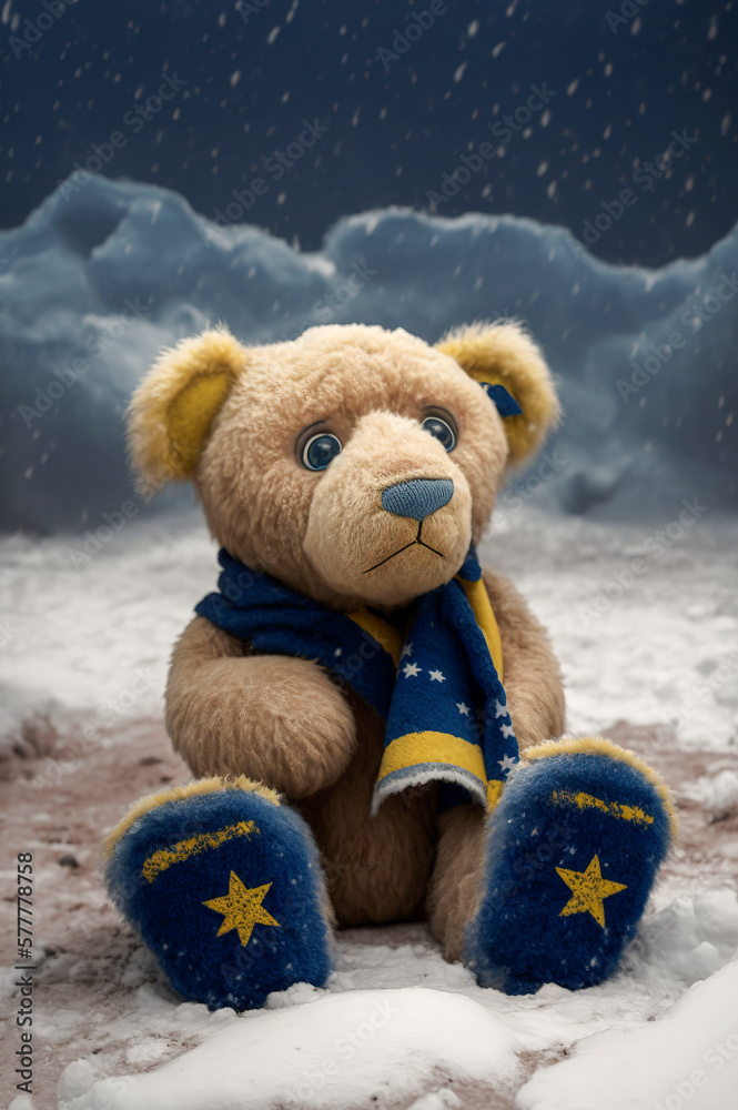 Generative AI illustration of Teddy Bear crying and sad dressed in the flag of Ukraine Generative AI illustration of Teddy Bear crying and sad dressed in the flag of Ukraine