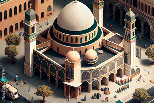 Generative AI illustration of isometric Muslim Mosque calling to prayer of Muslim faithful photo