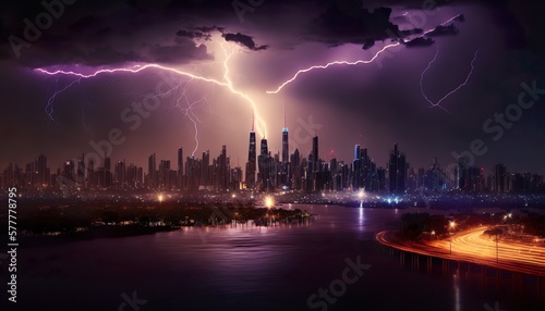 A dramatic lightning storm over a city skyline at night 50mm lens f5.6 intense normal lens  Generative AI