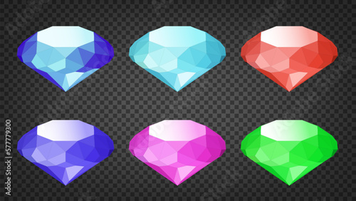 Diamonds with Many Colors Set, Low Poly Glossy, Vector Illustration