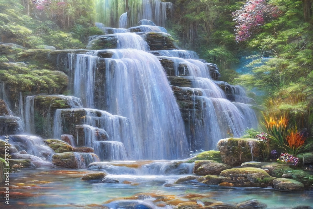 Fototapeta premium Large Waterfall in the Forest Generative Art