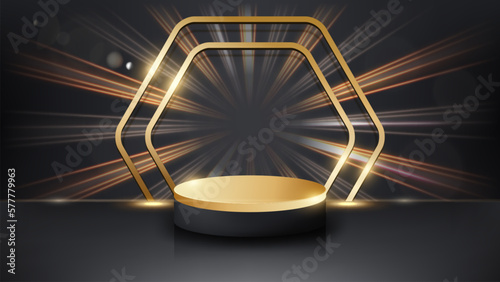 Luxury Product Display Podium and Gold Frame, Vector Illustration