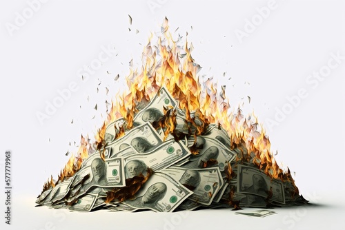 A pile of money is burning. Fire, flame. Isolated in white background Generative AI photo
