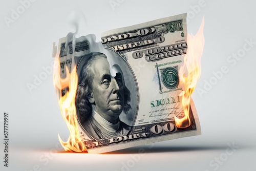 A dollar is burning. Fire, flame. Isolated in white background Generative AI