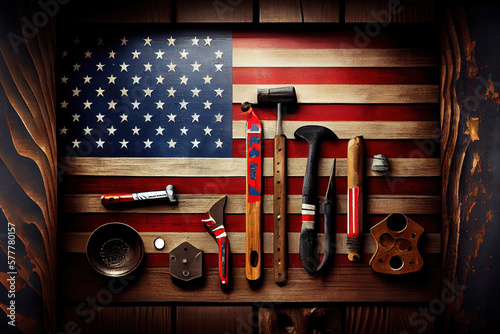 Holiday background with USA rustic wooden flag and many worker tools. Generative Ai