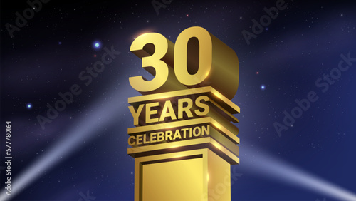 30th Years Celebration, 3D Gold Statue with Spotlights, Luxury Hollywood Light, Vector Illustration