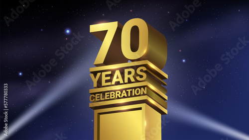 70th Years Celebration, 3D Gold Statue with Spotlights, Luxury Hollywood Light, Vector Illustration