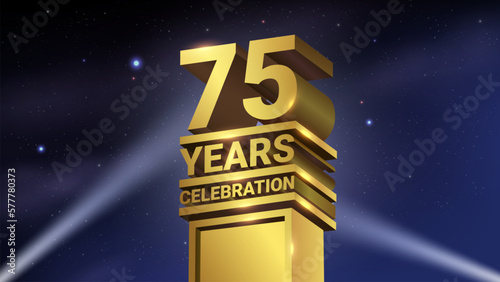 75th Years Celebration, 3D Gold Statue with Spotlights, Luxury Hollywood Light, Vector Illustration