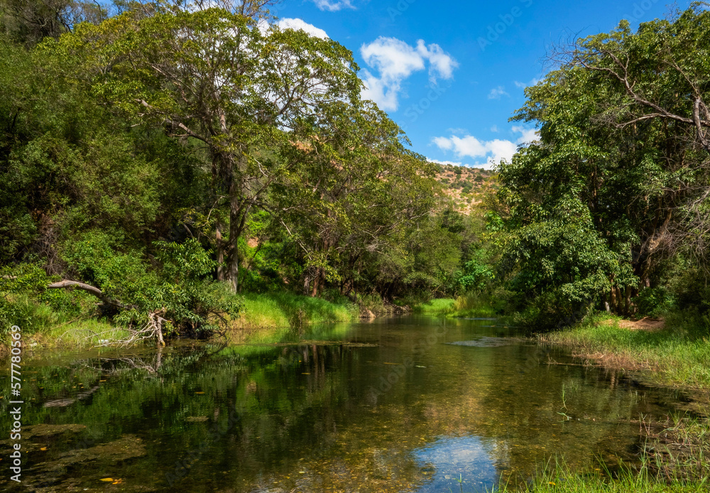 The river crossing.  A river crossing in the Baviaanskloof hartland, a 200 km stretch of gravel road set in 400,00 ha of unspoilt wilderness which passes through dramatic geological formations, modern