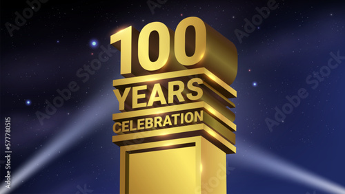 100th Years Celebration, 3D Gold Statue with Spotlights, Luxury Hollywood Light, Vector Illustration