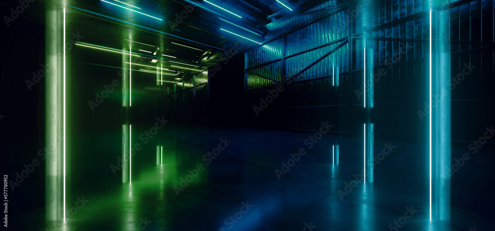 Cyberpunk Big Sci Fi Alien Neon Electric Blue Green Vibrant Laser Metal Barn Warehouse Door Concrete Glossy Car Showroom Empty Background Hangar Realistic 3D Rendering Cyberpunk Big Sci Fi Alien Neon Electric Blue Green Vibrant Laser Metal Barn Warehouse Door Concrete Glossy Car Showroom Empty Background Hangar Realistic 3D Rendering
