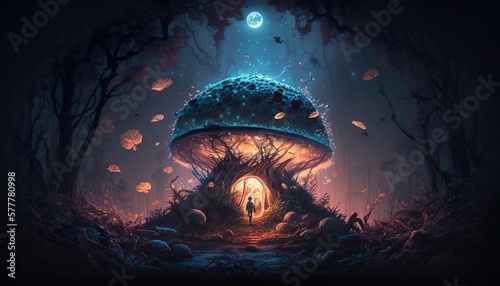 Mysterious forest with magic mushrooms, generative ai