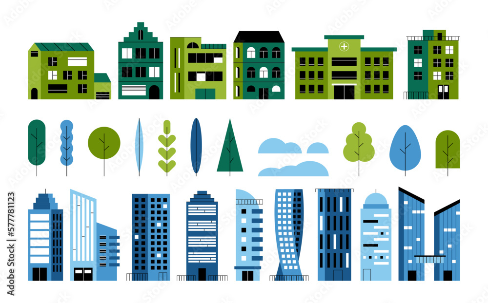 Obraz premium Minimal residential buildings. Geometric cityscape with house skyscraper trees, simple flat city constructor