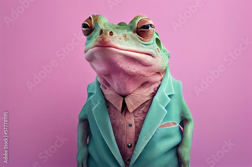 Frog On Purple Background Posing In Pastel Colored Clothing With Copyspace Generative AI