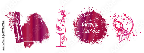 Wine Designs - Collection of wine glasses and bottles. Hand drawn elements for invitation cards, advertising banners, menus in gold style. Wine glasses with splashing wine. Sketch vector illustration.