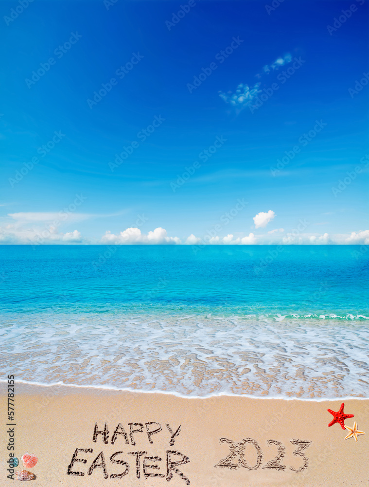 happy easter 2023 on a tropical beach under clouds happy easter 2023 on a tropical beach under clouds