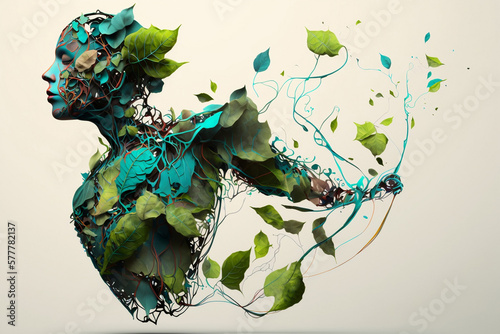 Digital echo concept art of human body created by wires, butterflies, nerves, cables, low poly, paper quilling. Generative AI photo